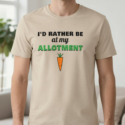 I'd Rather Be At My Allotment Funny Gardening T-Shirt & Sweatshirt in Sand (T-Shirt), worn, our photo