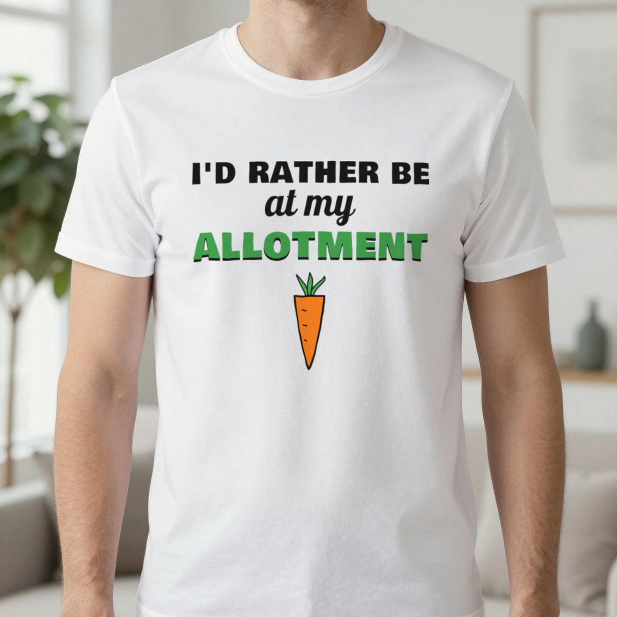 I'd Rather Be At My Allotment Funny Gardening T-Shirt & Sweatshirt in White (T-Shirt), worn, our photo
