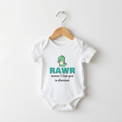 Rawr Means I Love You In Dinosaur white baby grow on a hanger