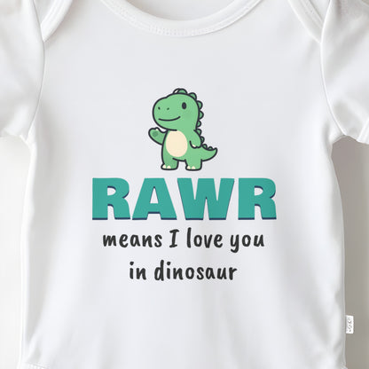 Rawr Means I Love You In Dinosaur baby grow print close-up