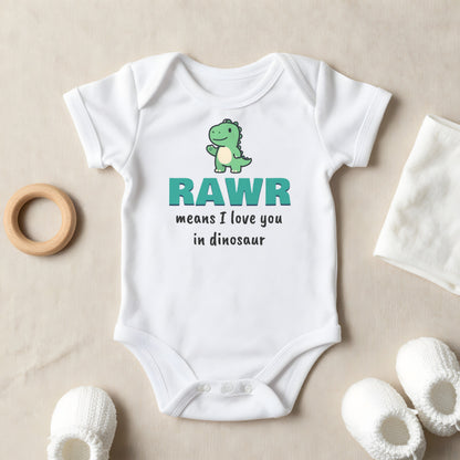 Rawr Means I Love You In Dinosaur baby grow laid flat