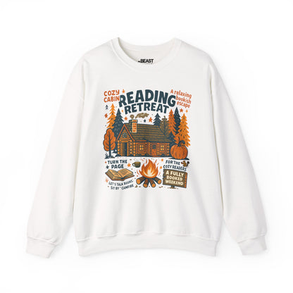 reading retreat cozy cabin sweatshirt white sweatshirt book lover gift idea