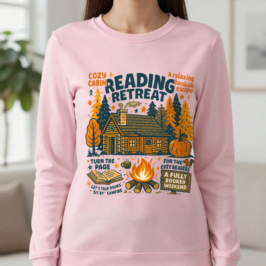 Reading Retreat Cozy Cabin Sweatshirt in Light Pink, worn, our photo