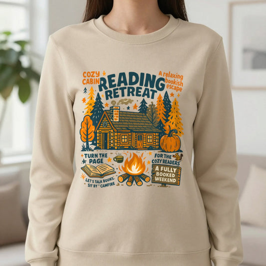 Reading Retreat Cozy Cabin Sweatshirt in Sand, worn, our photo