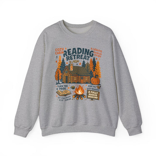 light pink sweatshirt with reading retreat cozy cabin design for book lovers