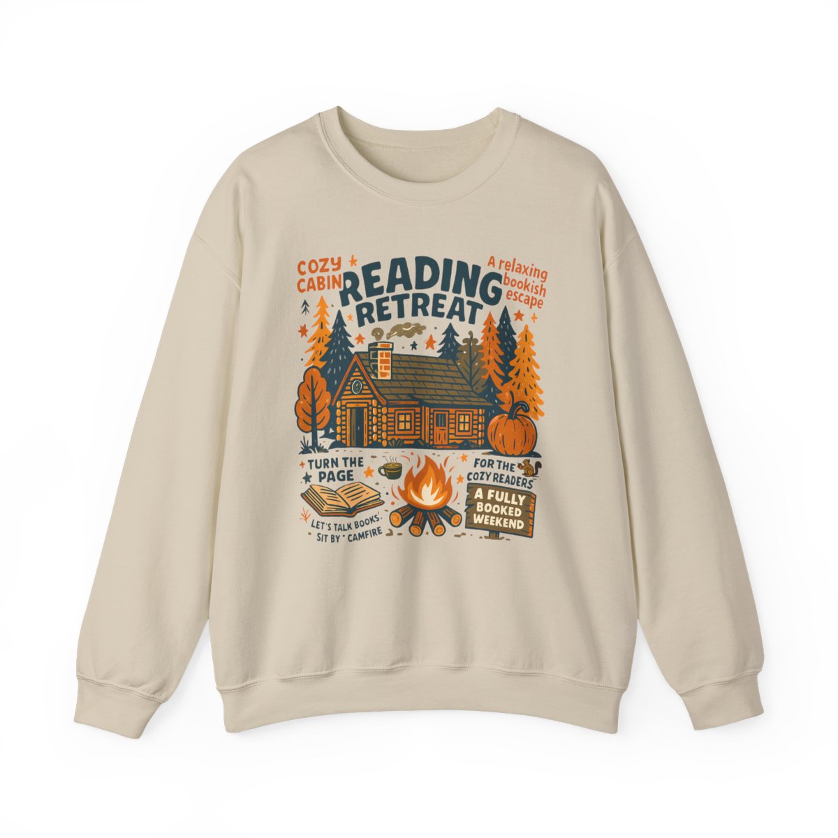 sport grey sweatshirt with cozy cabin reading retreat print