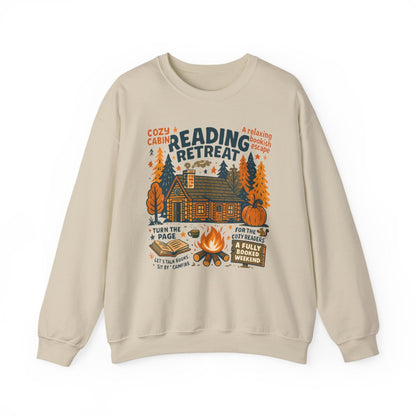 sport grey sweatshirt with cozy cabin reading retreat print