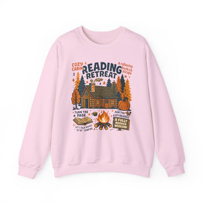 white sweatshirt with reading retreat cabin design for autumn gift