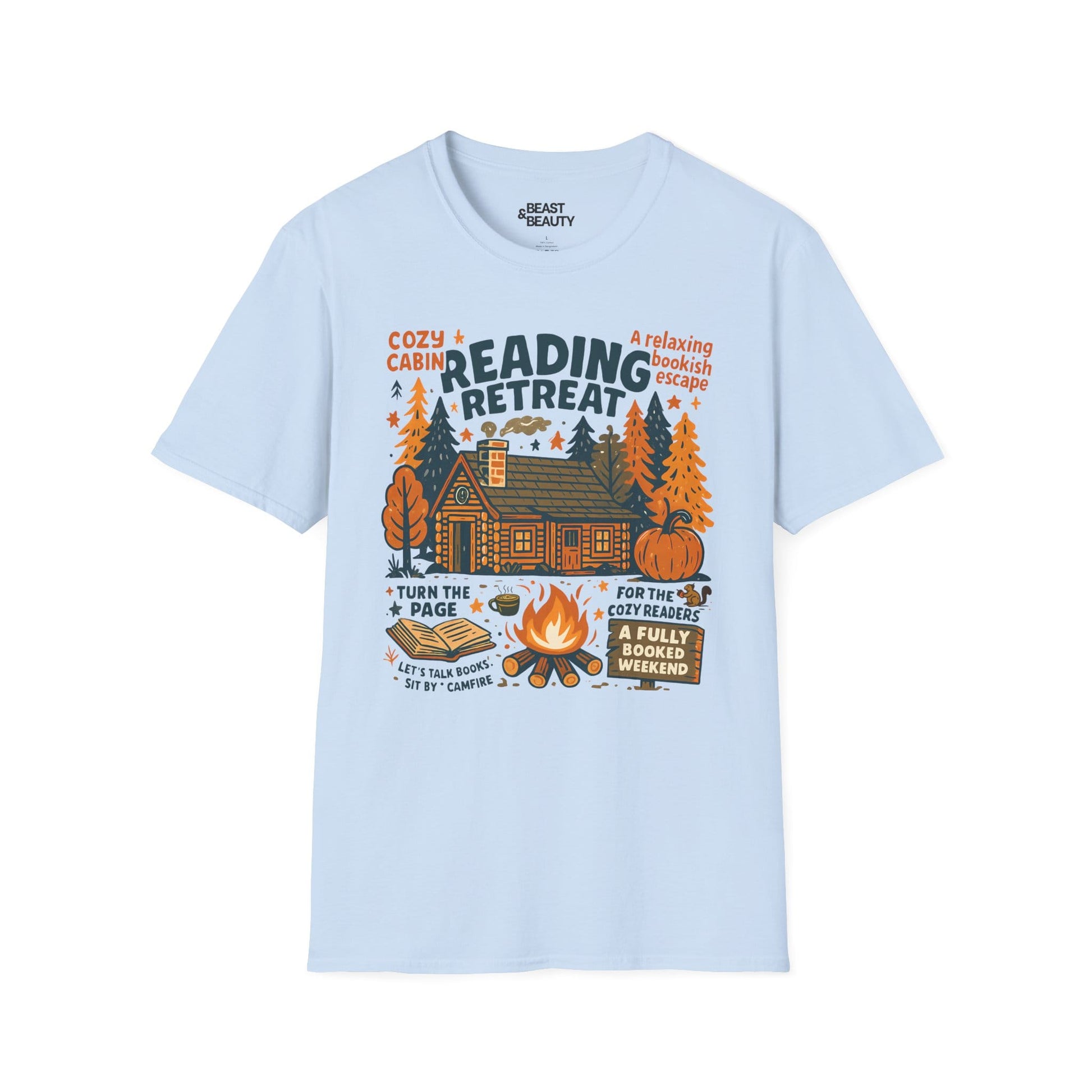reading retreat cozy cabin t-shirt light blue t-shirt book lover gift idea