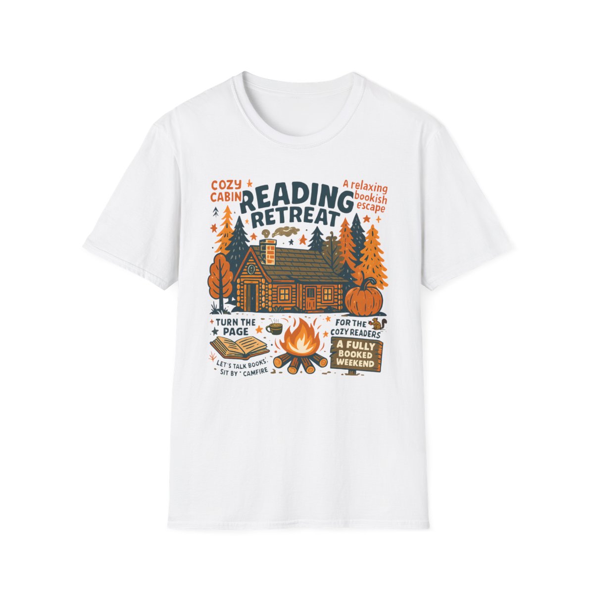 light blue t-shirt with cozy reading cabin retreat design for book lovers