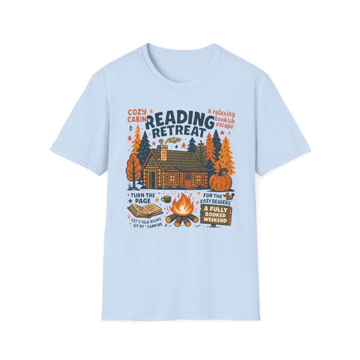white t-shirt with cozy cabin and fall vibes book lover design
