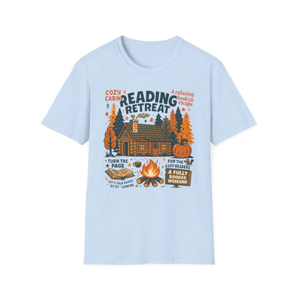white t-shirt with cozy cabin and fall vibes book lover design