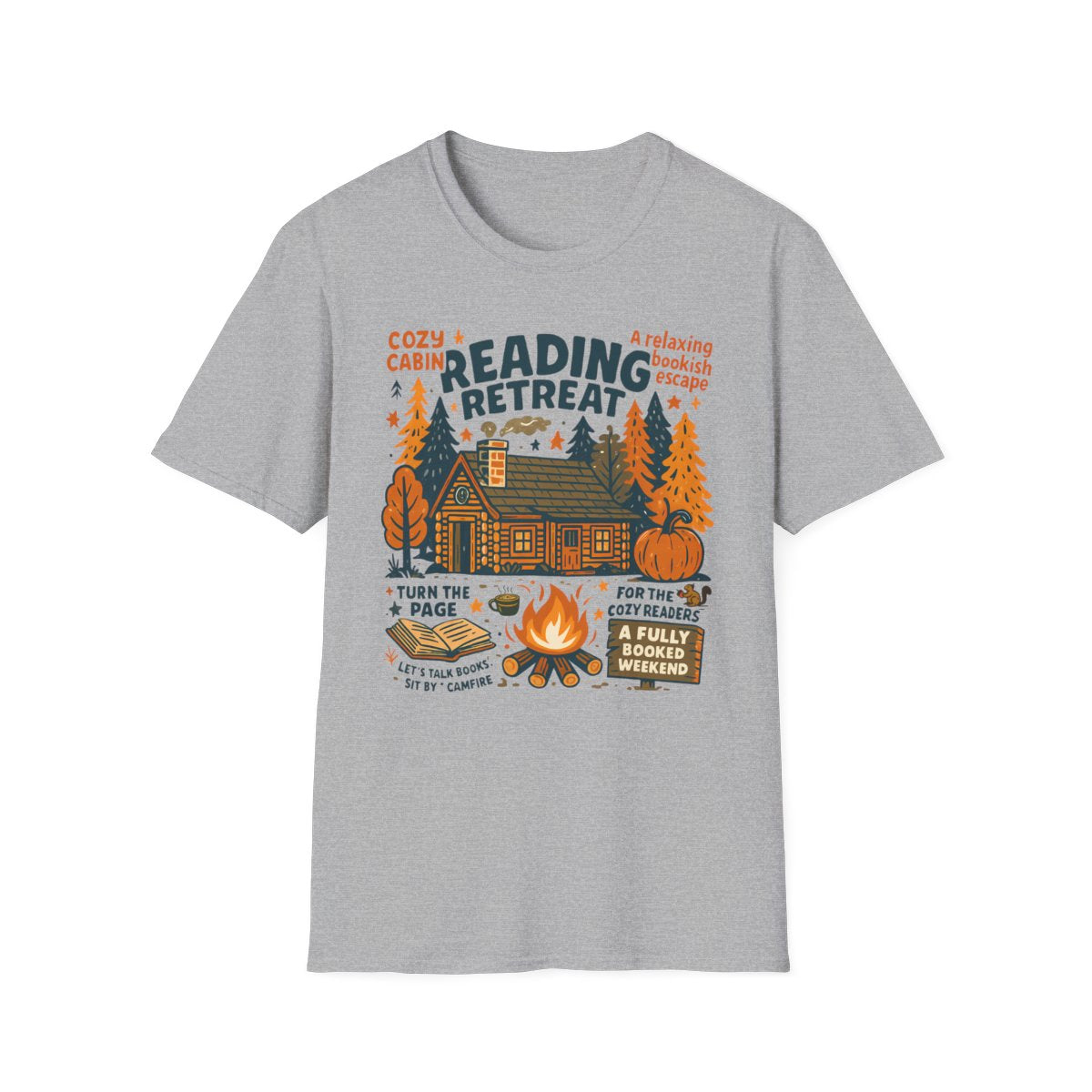 natural coloured t-shirt with reading retreat cabin theme