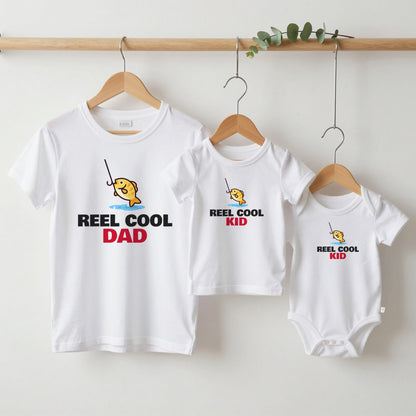 Reel Cool Dad & Reel Cool Kid grown-up tee, kids tee and baby grow on hangers