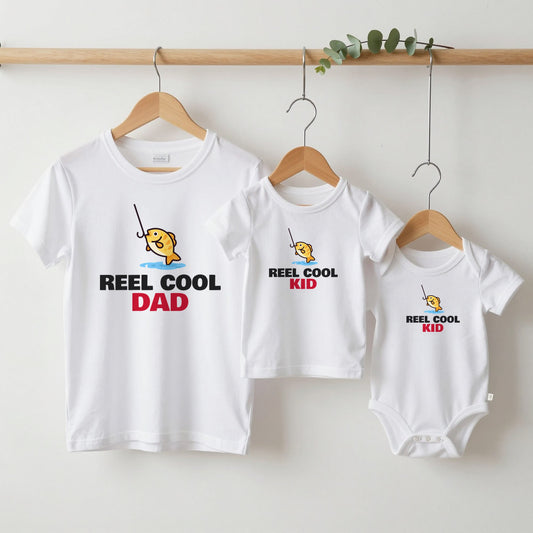Reel Cool Dad & Reel Cool Kid grown-up tee, kids tee and baby grow on hangers