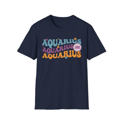light blue t-shirt with retro Aquarius zodiac graphic design