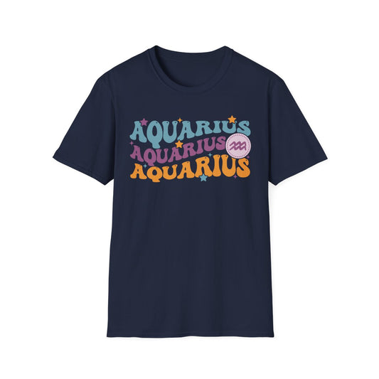 light blue t-shirt with retro Aquarius zodiac graphic design
