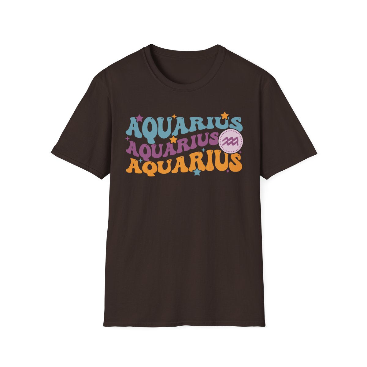 dark chocolate t-shirt featuring retro Aquarius astrology design