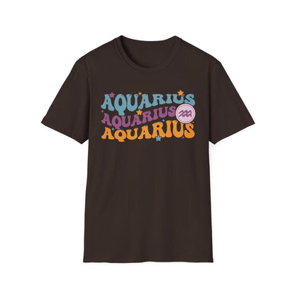 dark chocolate t-shirt featuring retro Aquarius astrology design