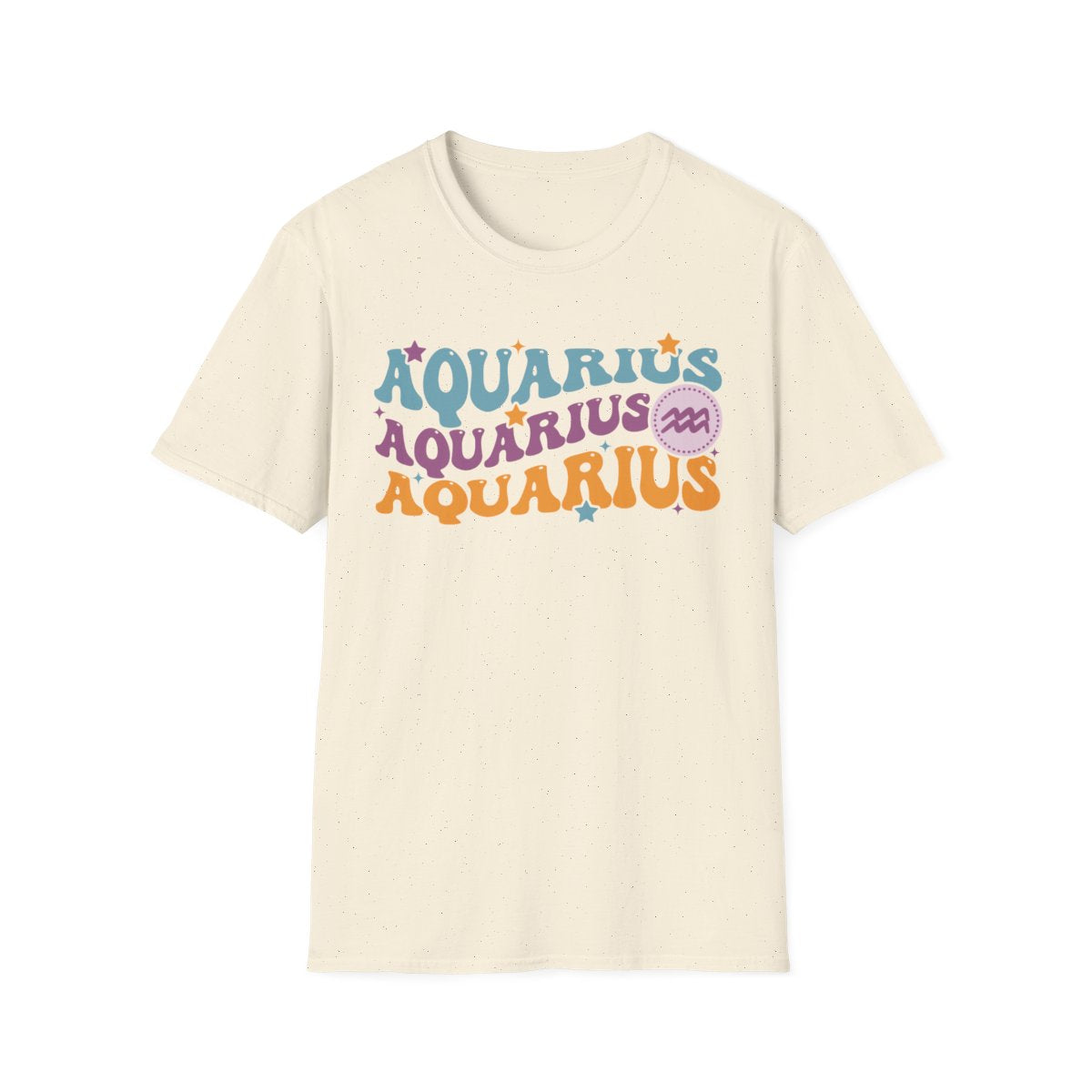 white t-shirt with colourful retro Aquarius zodiac lettering