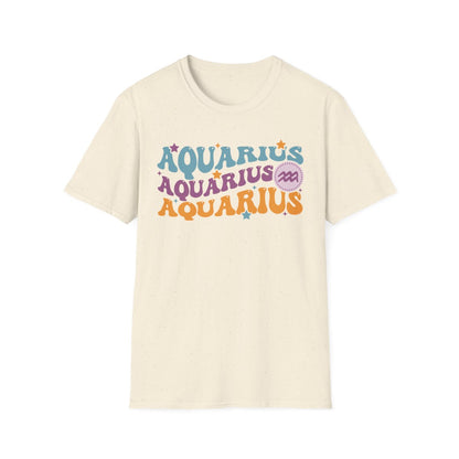 white t-shirt with colourful retro Aquarius zodiac lettering