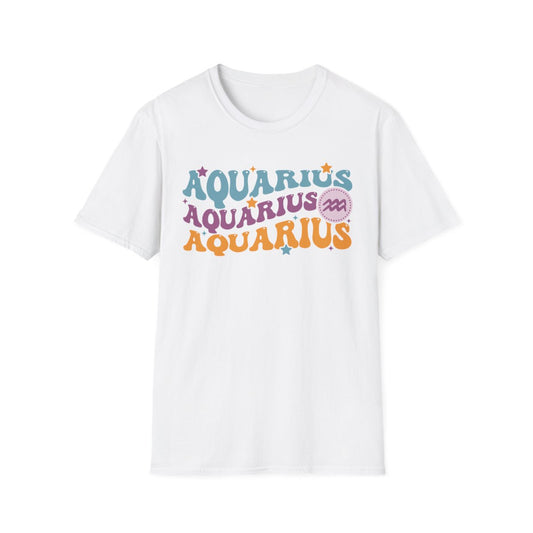 navy t-shirt displaying bold vintage Aquarius astrology design