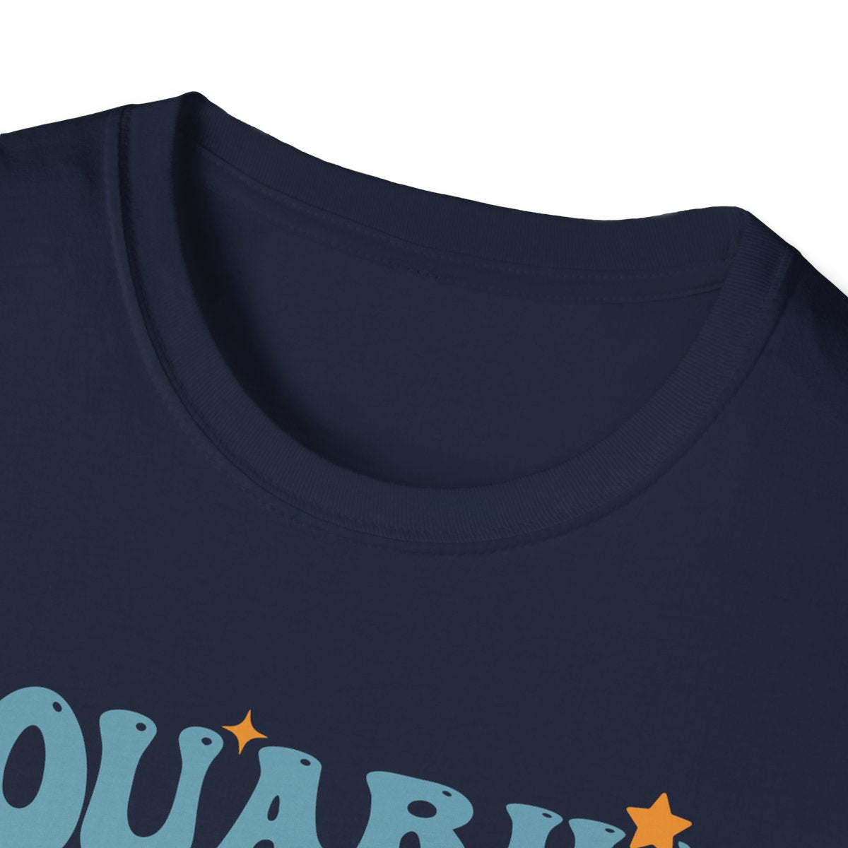 Aquarius zodiac t-shirt detail showing bold vintage lettering and colours