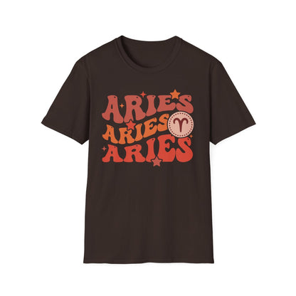 model wearing light blue Aries zodiac graphic t-shirt casual styling