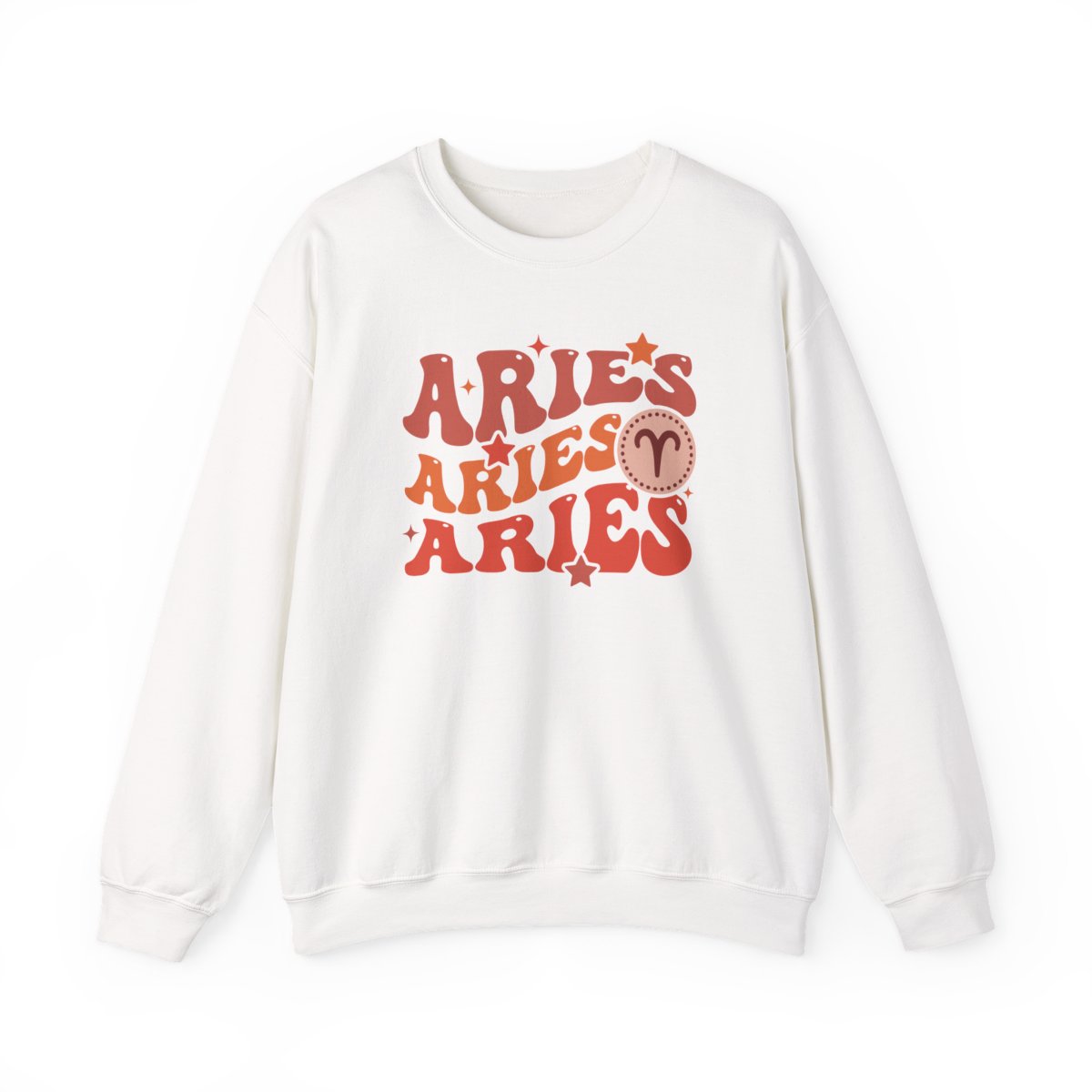 white sweatshirt displaying retro aries sign with groovy lettering and celestial elements