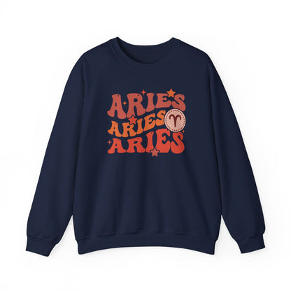 navy sweatshirt with vintage-inspired aries zodiac design and star accents