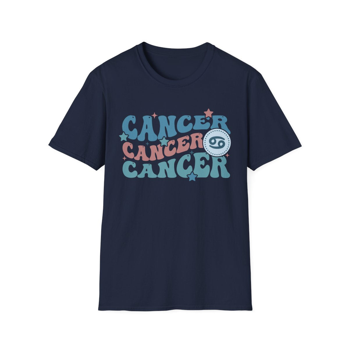 light blue t-shirt with retro cancer zodiac graphic design