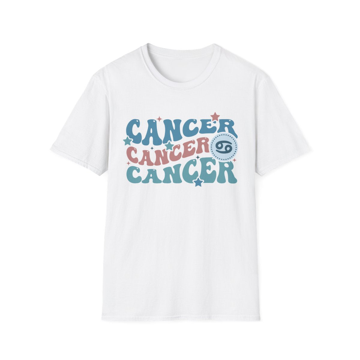 white t-shirt with retro cancer zodiac symbol and pastel design