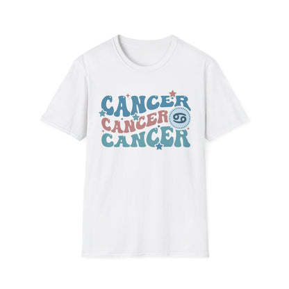 white t-shirt with retro cancer zodiac symbol and pastel design
