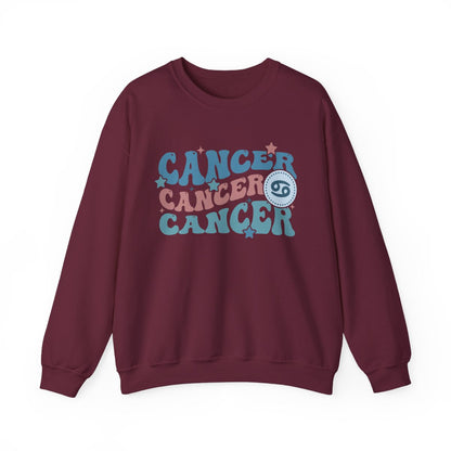 dark heather sweatshirt with retro cancer zodiac sign and groovy vintage typography design
