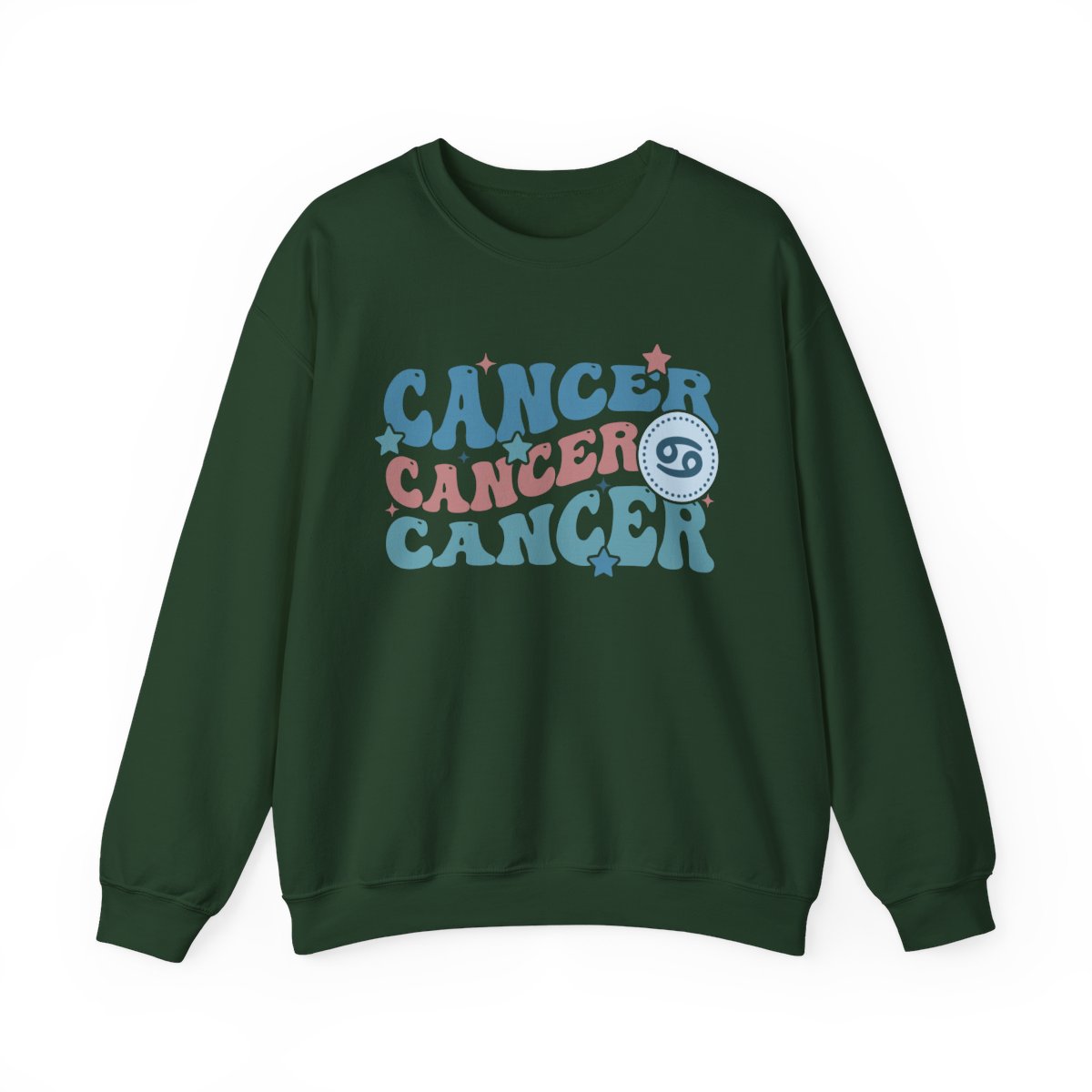 white sweatshirt with retro cancer zodiac sign print and celestial theme