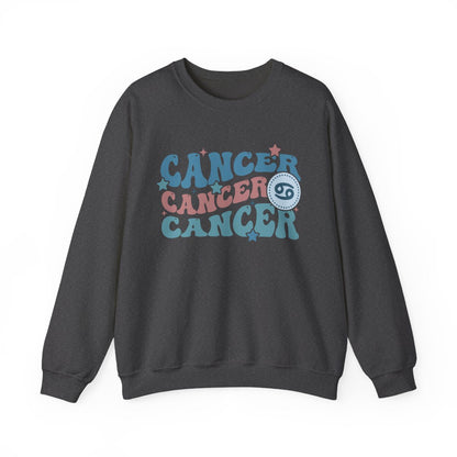 maroon sweatshirt with retro cancer zodiac design and groovy celestial accents