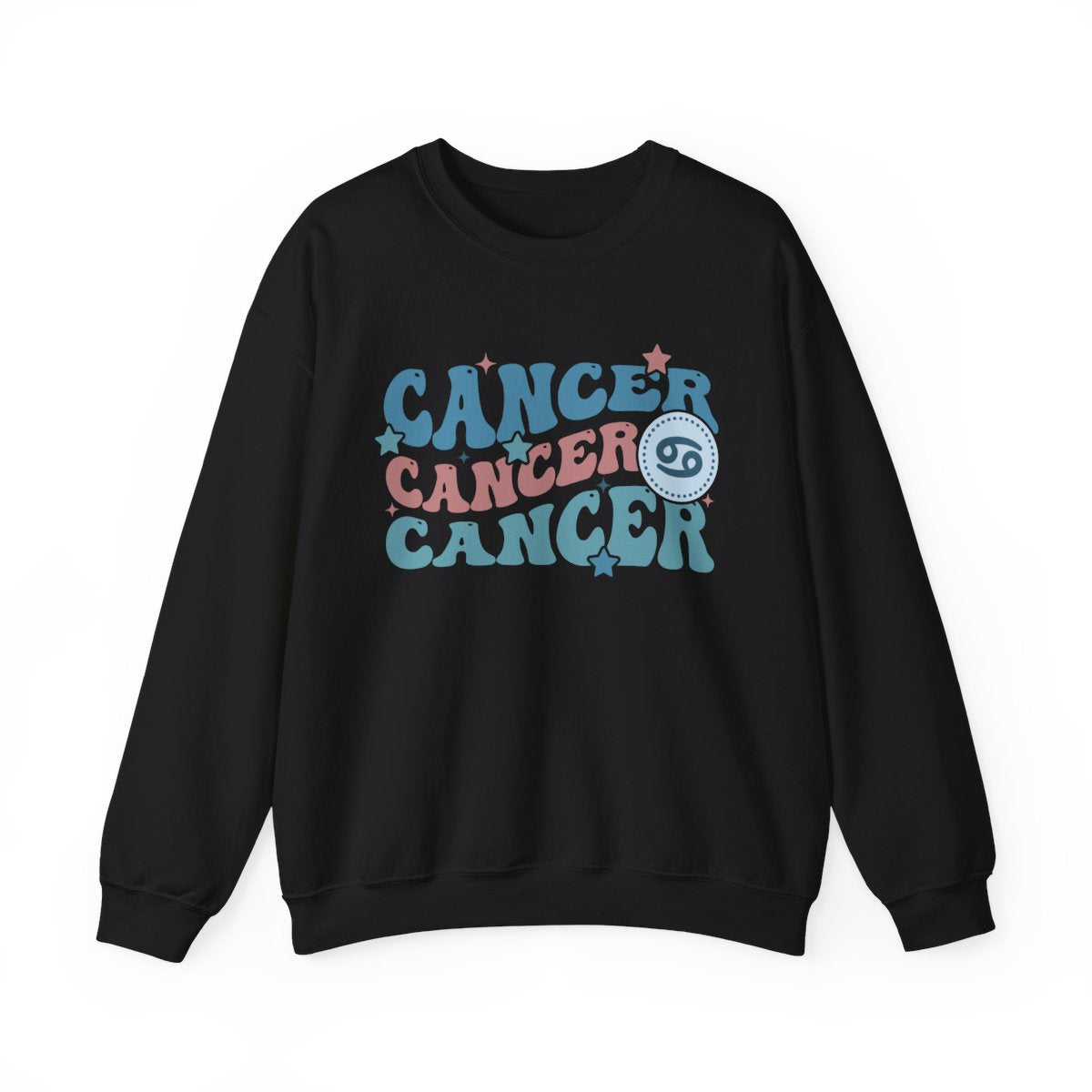 navy sweatshirt with bold retro cancer zodiac graphic and vintage-inspired print