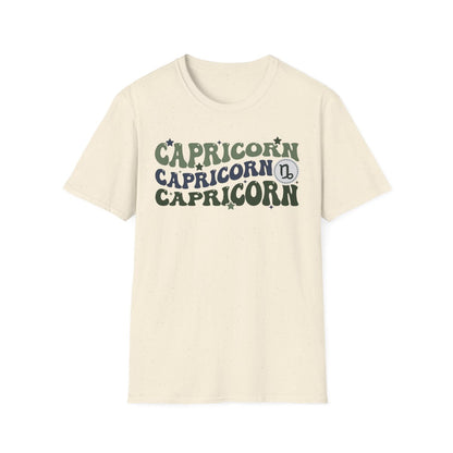 light blue t-shirt with retro capricorn zodiac graphic design