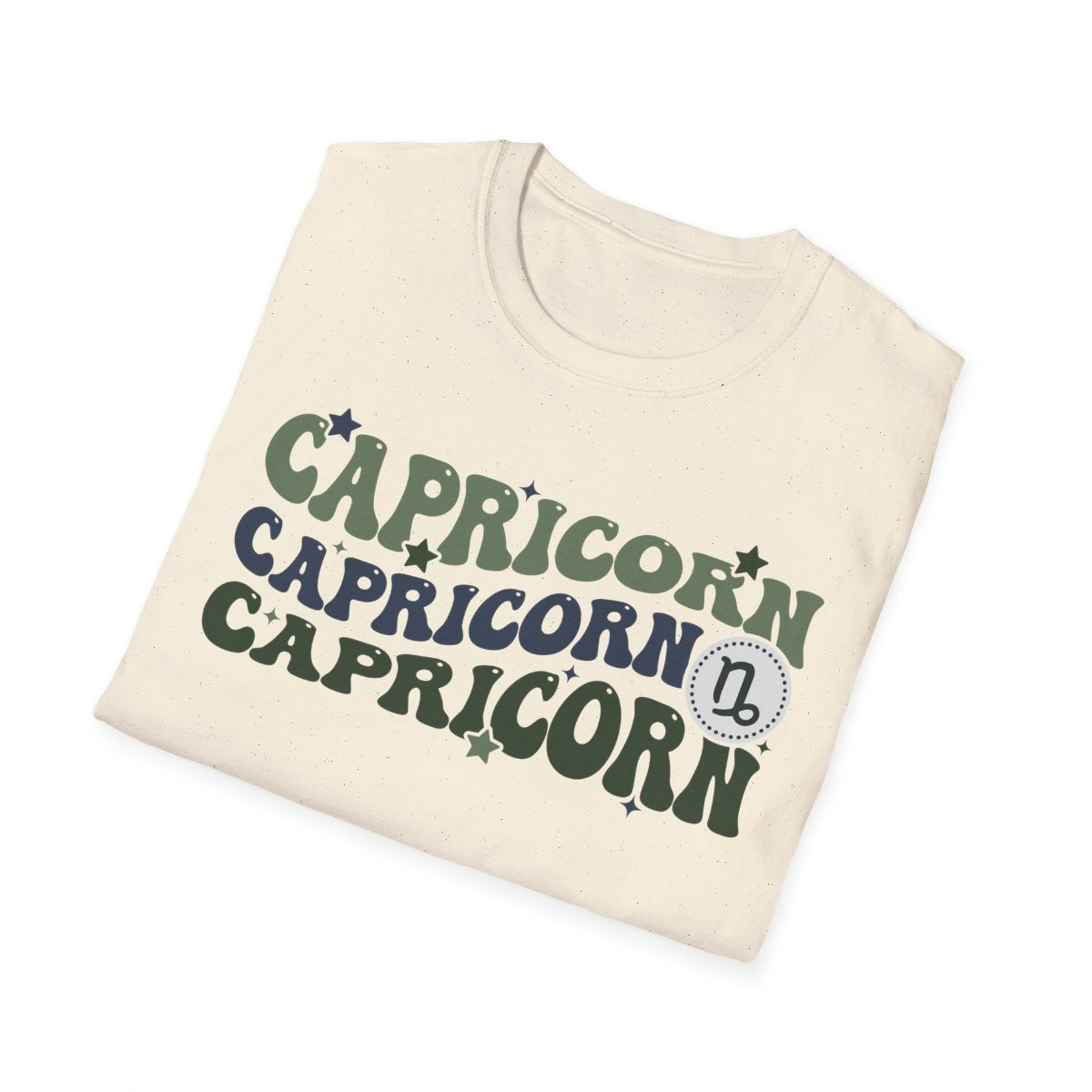 close-up of retro capricorn zodiac graphic printed on soft cotton t-shirt