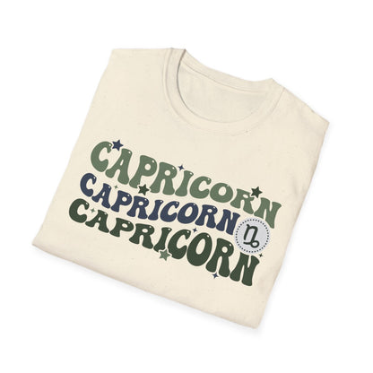 close-up of retro capricorn zodiac graphic printed on soft cotton t-shirt