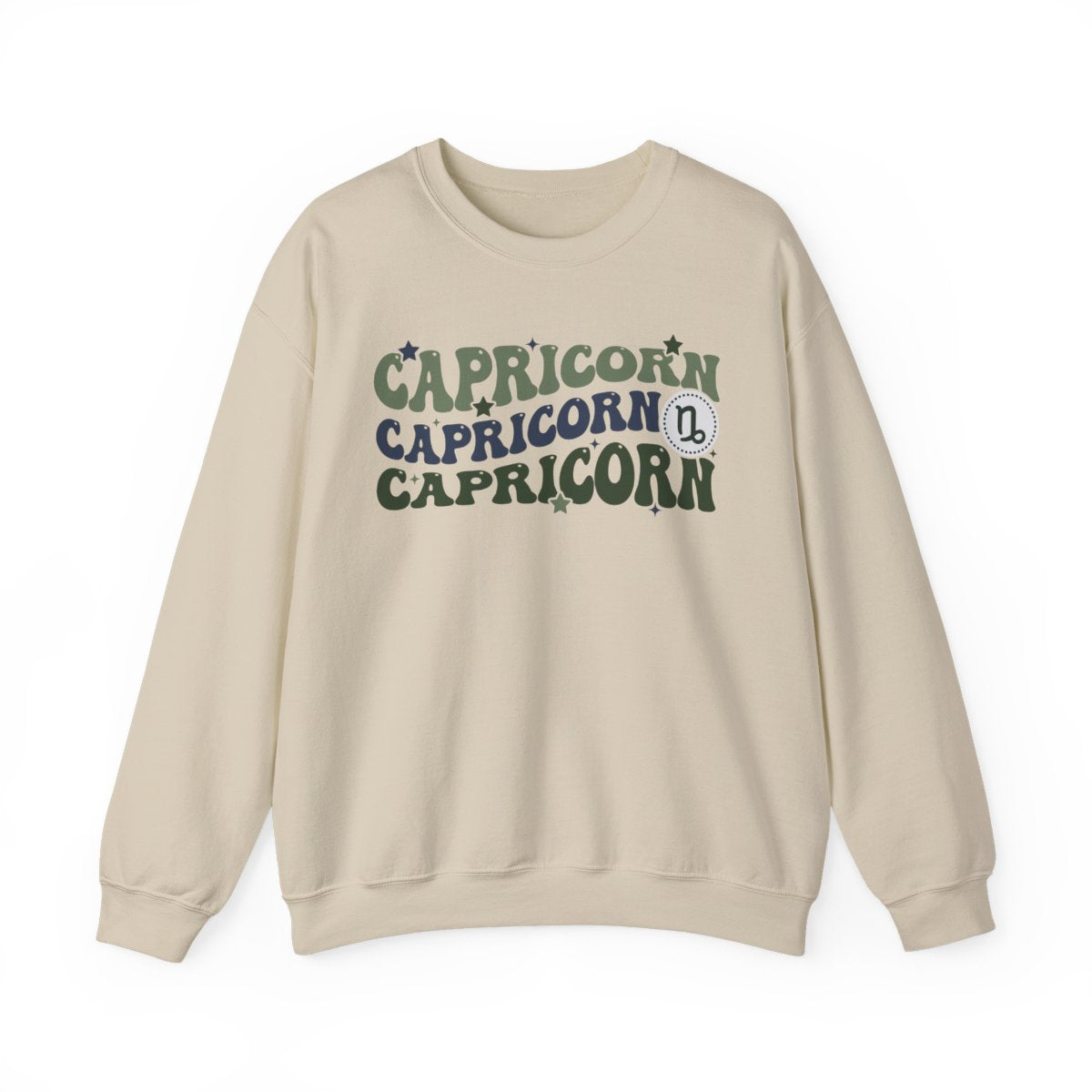 white sweatshirt with minimalist Capricorn star sign and celestial accents