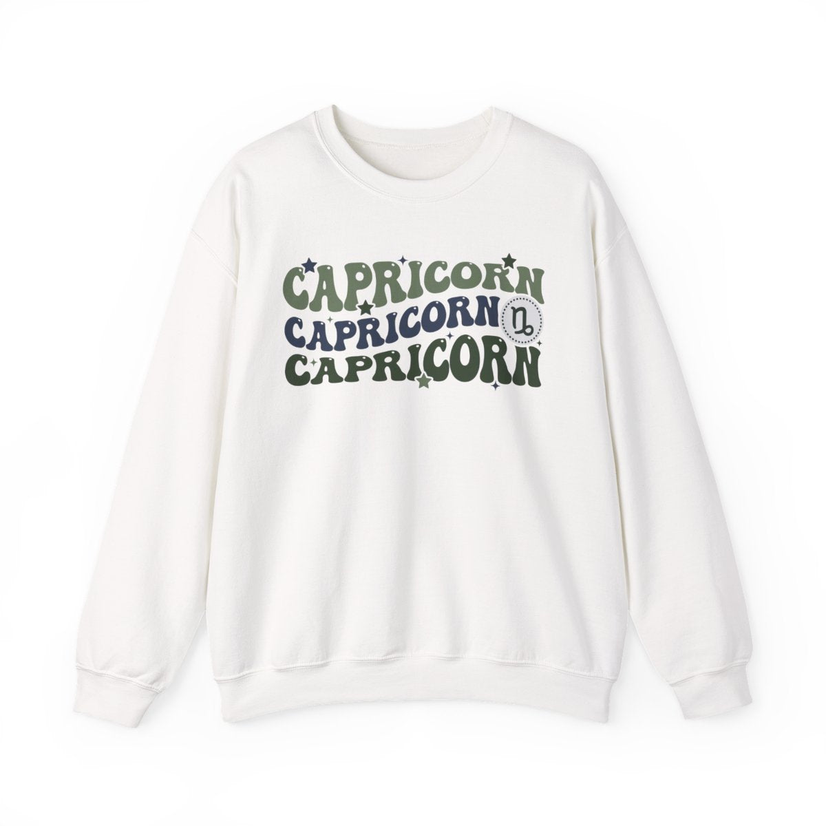 sand coloured sweatshirt with groovy Capricorn zodiac graphic and retro typography