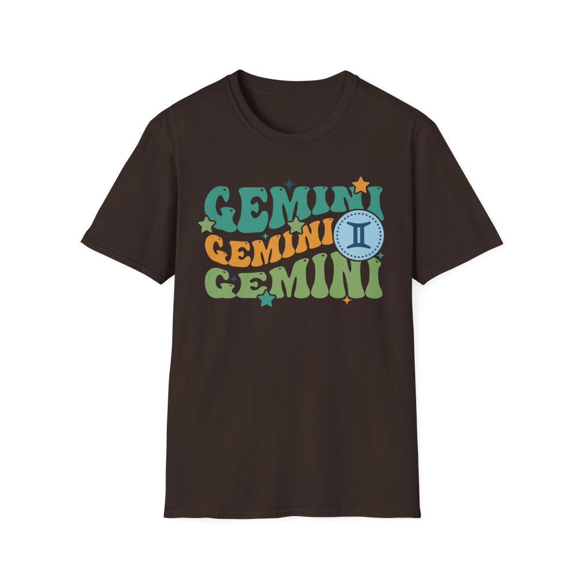 light blue t-shirt with retro gemini zodiac graphic design