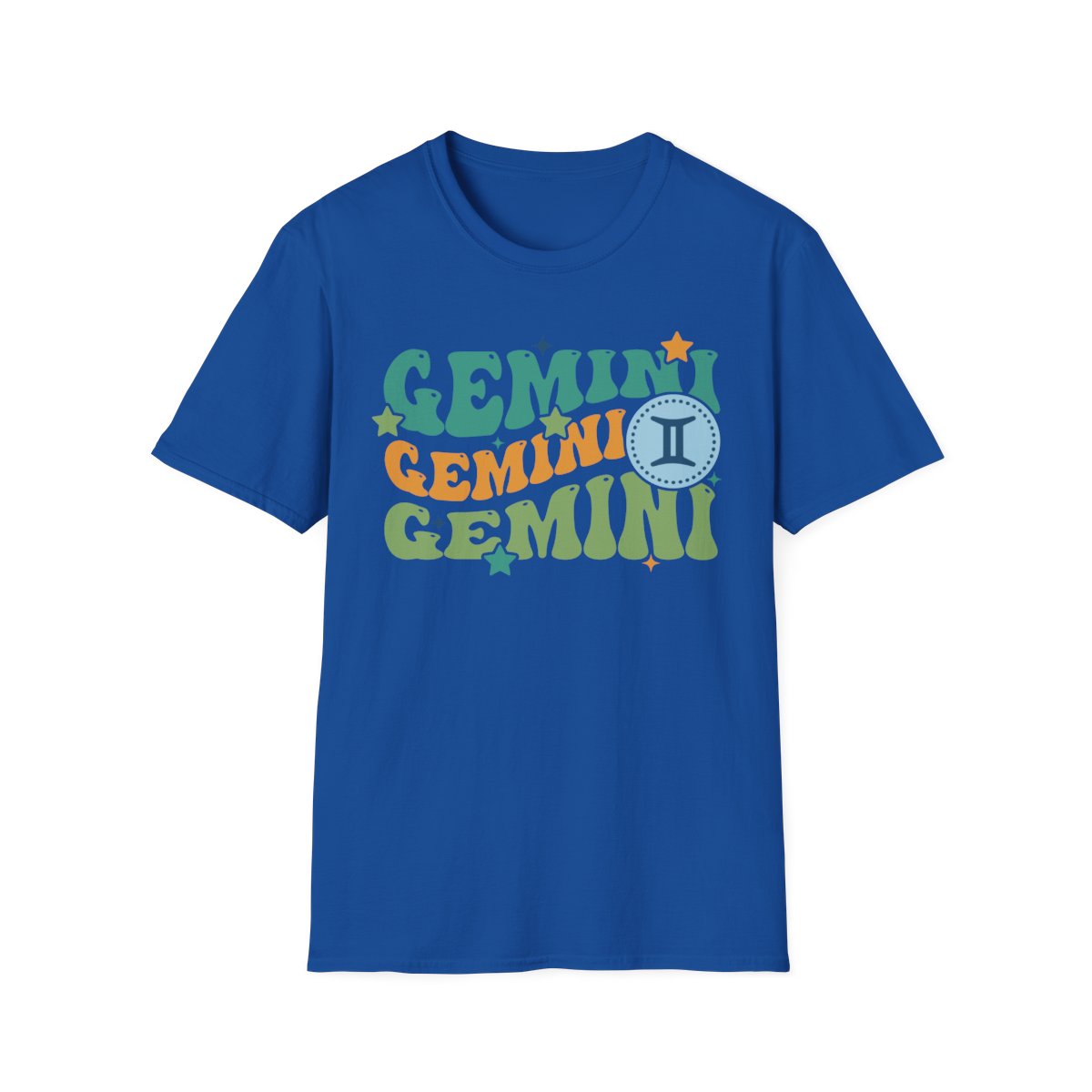 military green t-shirt with retro gemini zodiac graphic design