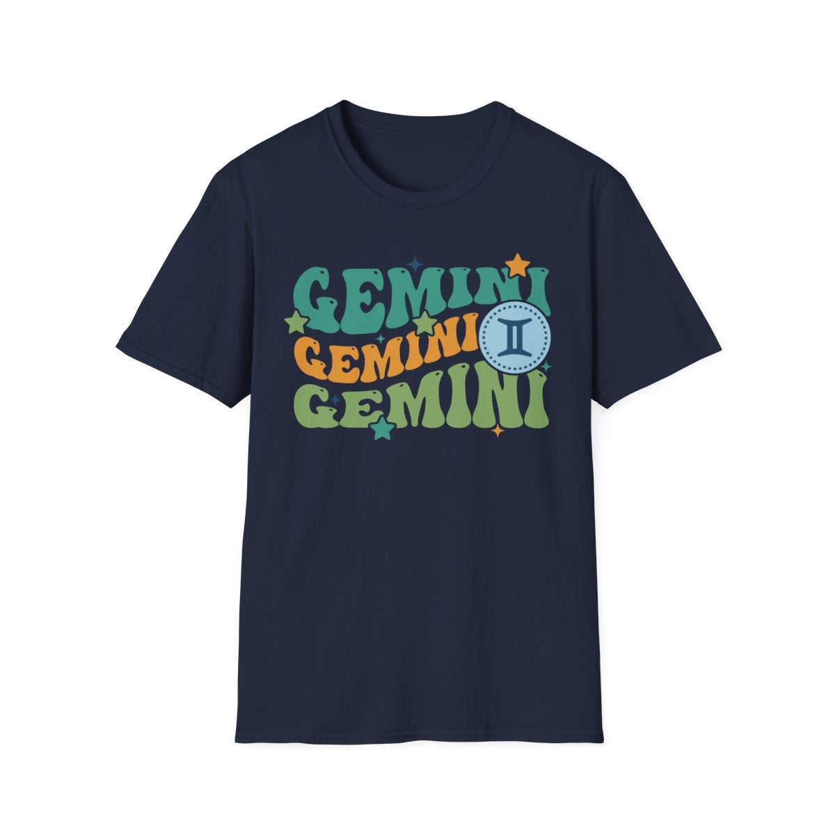 royal blue t-shirt with retro gemini zodiac graphic design