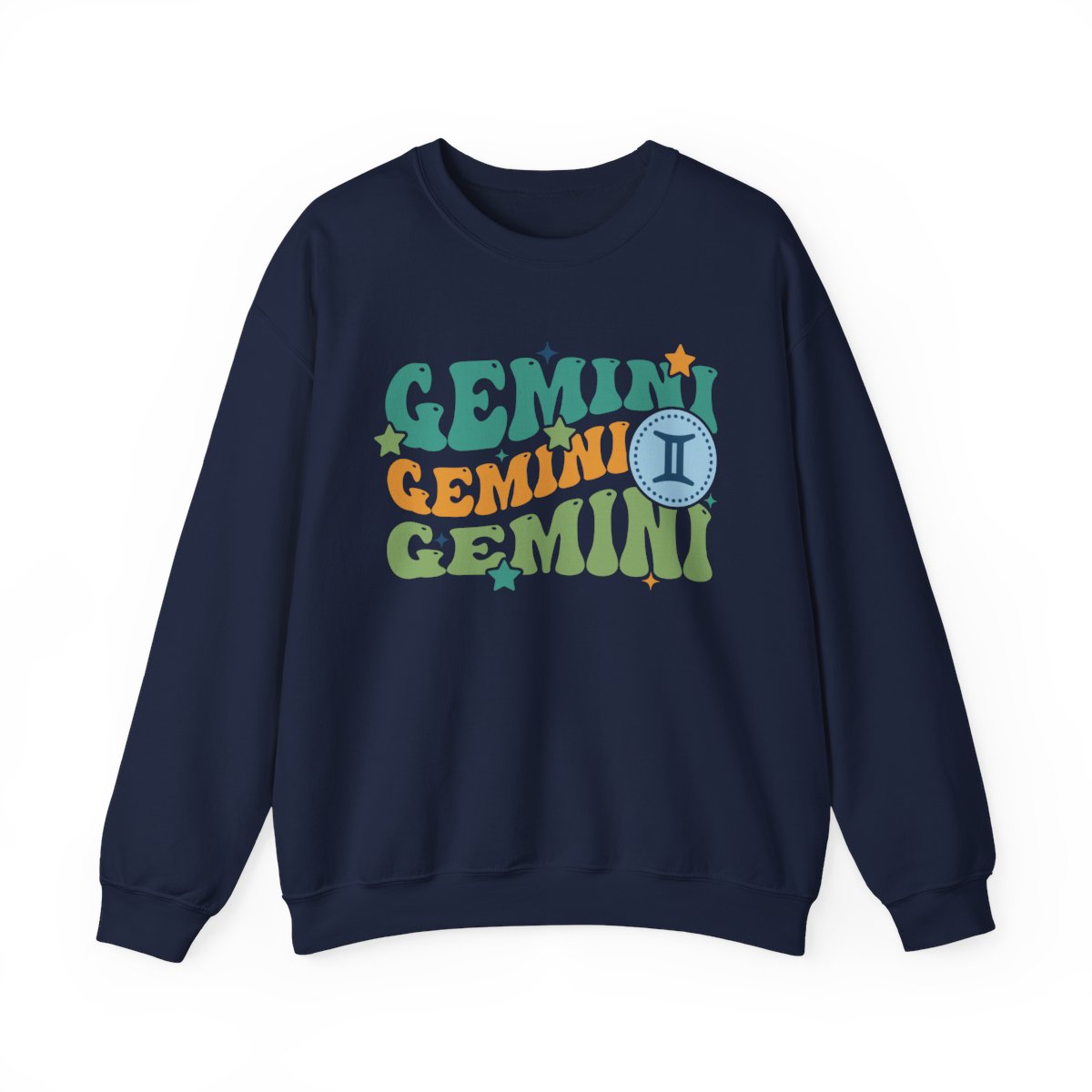 white sweatshirt with colorful retro gemini zodiac design