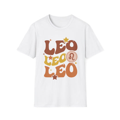 white t-shirt displaying bold retro Leo zodiac print