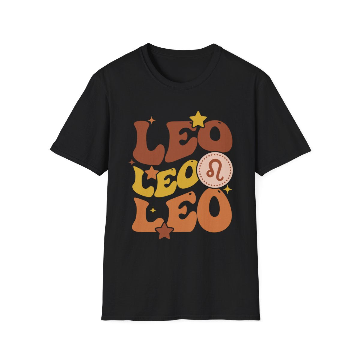 flat lay of retro Leo zodiac graphic t-shirt in multiple colours
