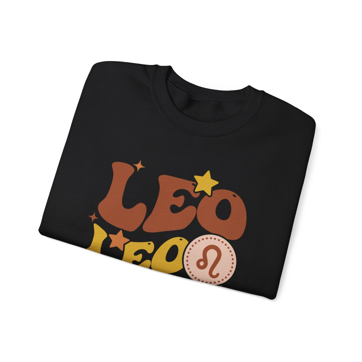 close-up of retro leo zodiac design on warm vintage-tone sweatshirt