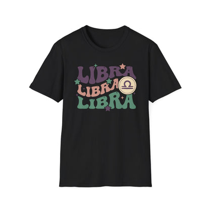 light blue t-shirt with retro libra zodiac graphic design